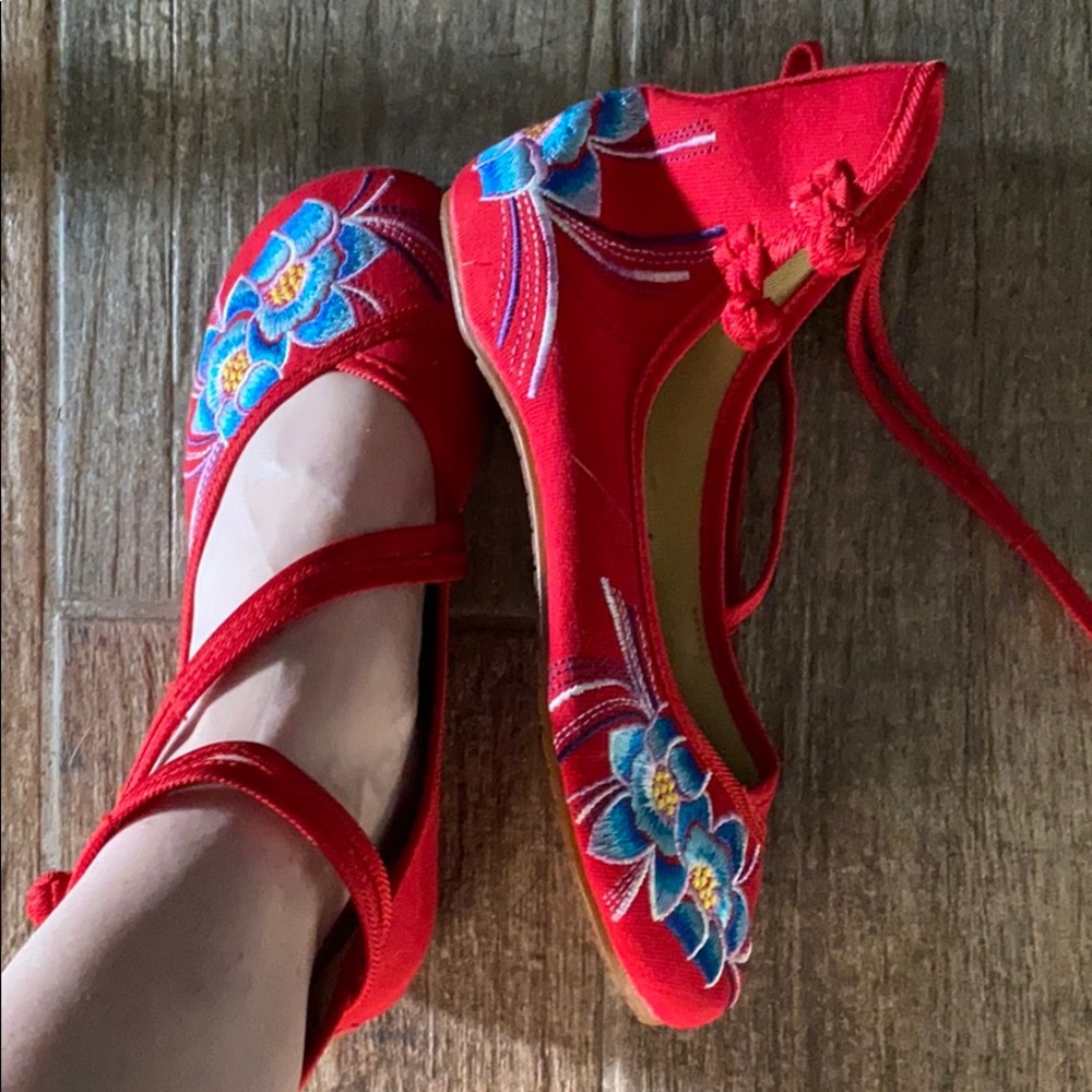 Unique embroidered red Chinese inspired booties